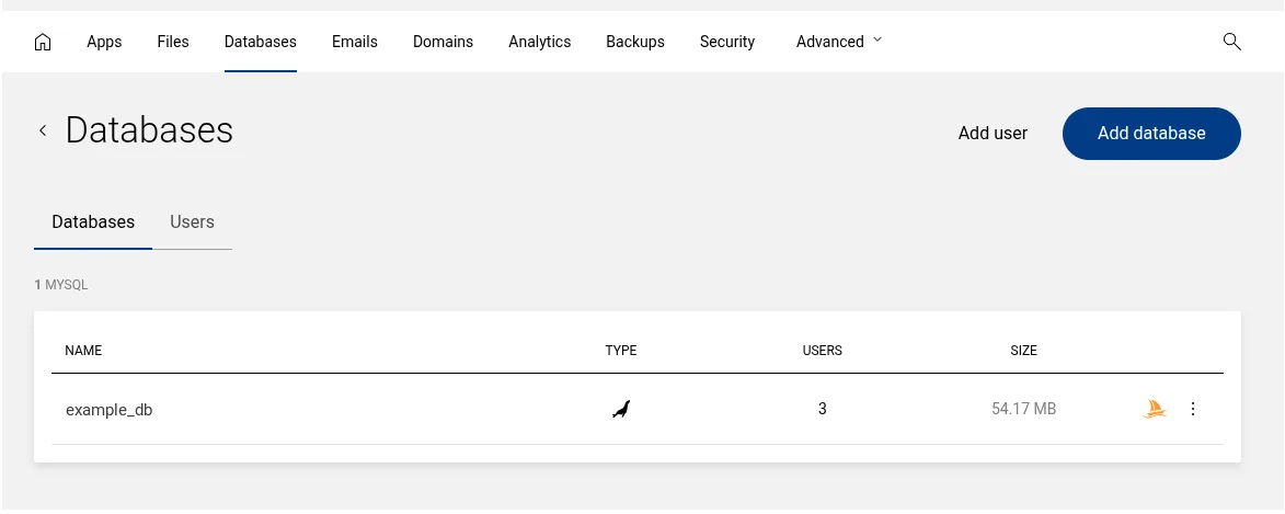The Enhance Databases page showing a MySQL database with the phpMyAdmin icon